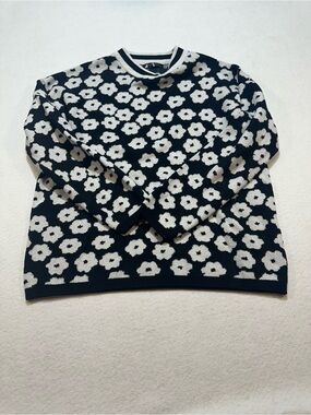 PRETTYGARDEN Black & White Striped Floral Knit Sweater